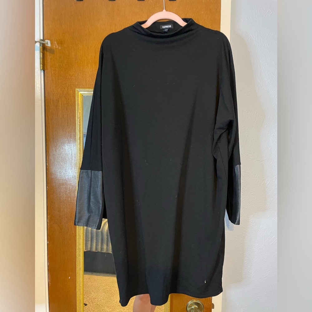 Express Mini Dress Long Sleeved with Vegan Leather Cuffs Mock TurtleNeck, Size L